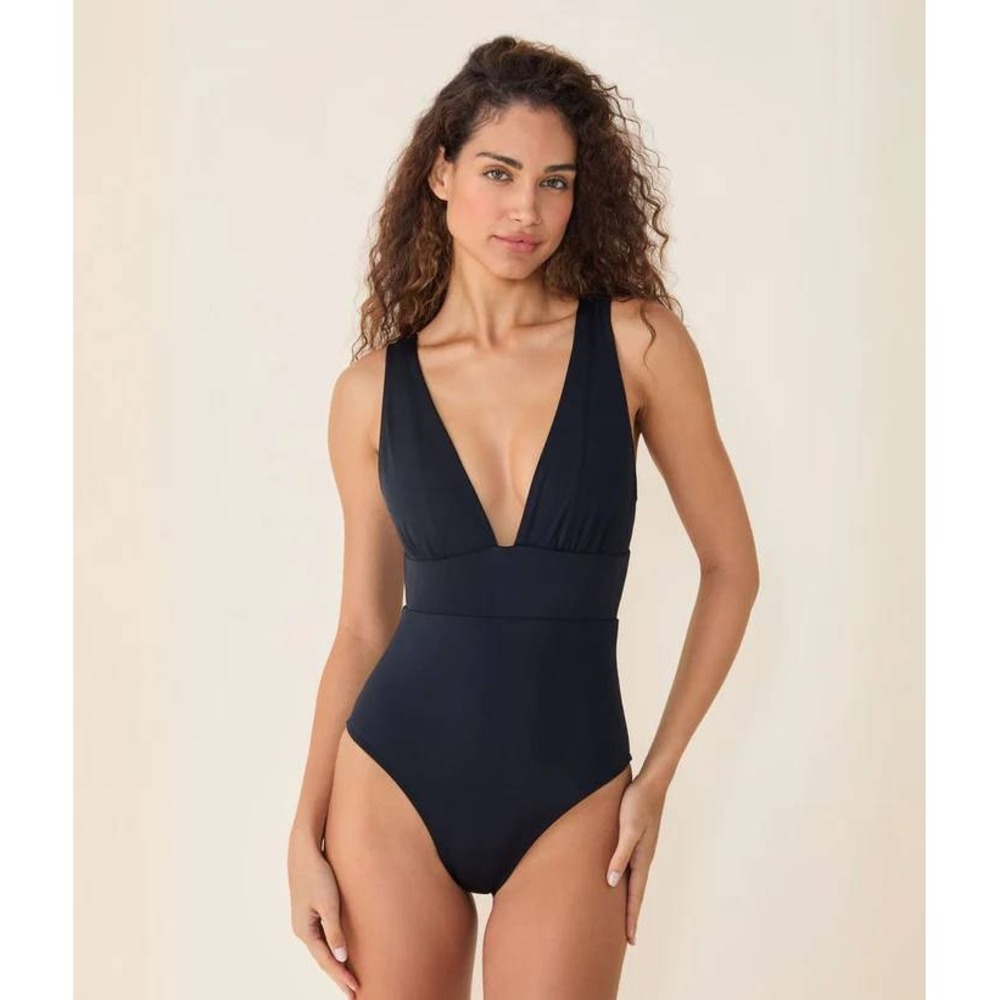 Andie Swim Mykonos One Piece Deep V-Neck Swimsuit Black Small